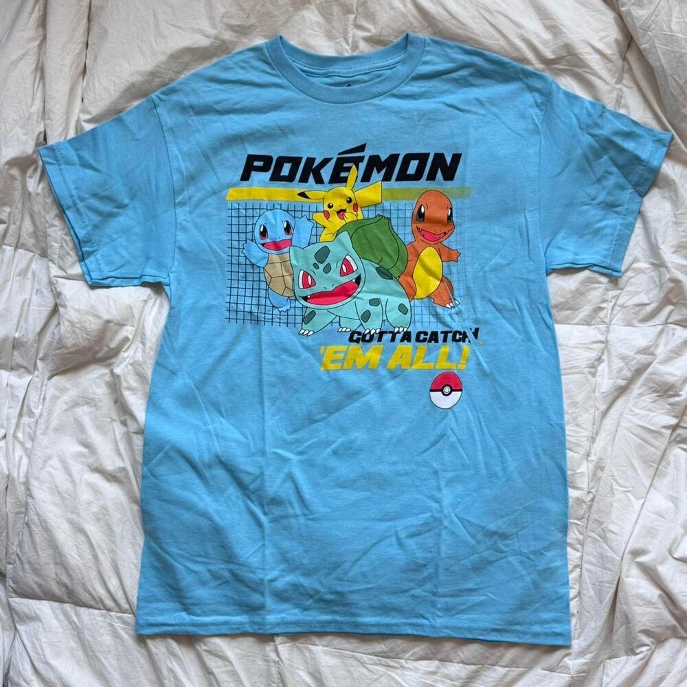 Blue pokemon graphic‎ tee sz med pikachu Squirtle Charmander Bulbasaur gamer